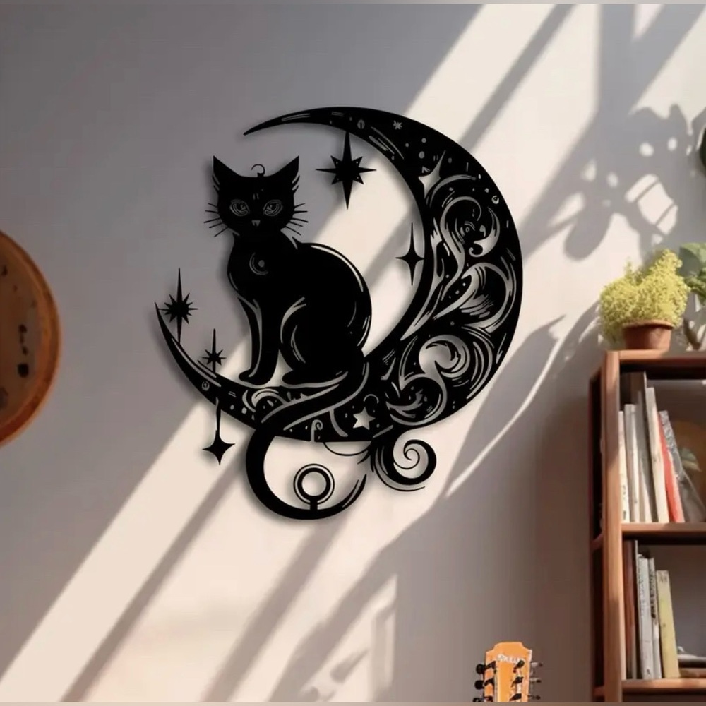 Art Deco Style Cat Sitting on the Moon 2D Flat Acrylic Wall Carving Gothic New - Picture 6 of 9